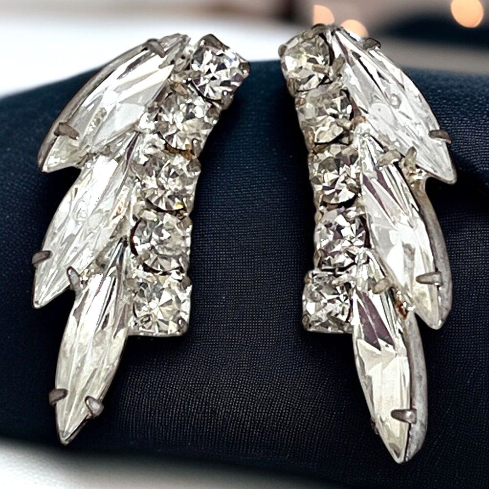 Vintage 1960s Pierced Earrings Silver Tone Clear Rhinestone Navette Dangle - 13P
